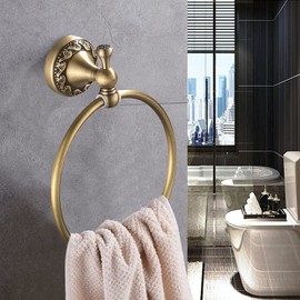 Leyden Brass Towel Ring, Antique Retro Round Towel Holder, Wall Mounted Bath Hand Towel Rack Rail Bathroom Hardware Classical Ancient Wave Pattern Base