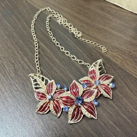 Zittop Fashion Women Crystal Flower Statement Gold Plated Necklace Earrings Jewelry Set (Wine Red)