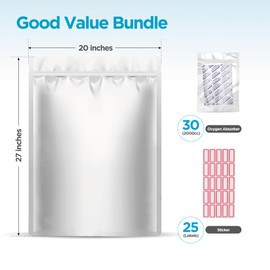 30 Pcs 5 Gallon Mylar Bags With Oxygen Absorbers - 11 Mil Thick - With Sticker Labels and Closure Clip - Smell Proof, Zipper Closure Heat Resealable Large Mylar Bags For Food Storage