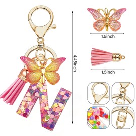 Cute Initial Letter Keychains with Butterfly Tassel, Pink Alphabet Key Chains Pendant Key Ring for Wallet Backpacks Bag Handbags