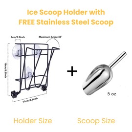 2PCS Ice Scoop Holder Foldable with Scoop Set, Stainless Steel Scoop, Metal Heavy Scoop Holder for Freezer Kitchen Fridge and Ice Maker, Large Capacity, Durable ＆ Easy Clean (1, Standard / 5oz Scoop)