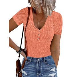 MEROKEETY Women's 2024 Summer Casual Knit One Piece Bodysuit Stretchy Tight Henley Bodysuit Tops, Salmon, Small