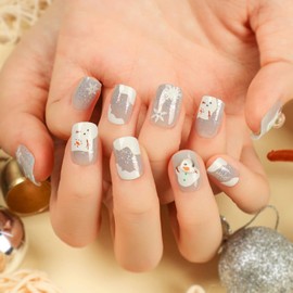 Christmas Press on Nails Coffin Short Length, 24Pcs Artificial Fake Nails with Snowman Snowflake Designs, Glossy Full Cover Winter Acrylic Square False Nails Glue Stick on Fingernails for Women