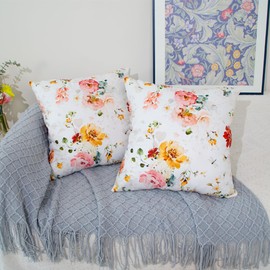 DILOXNSU Set of 2 Cushion Cover 45cm x 45cm Modern Watercolor Floral Double-Sided Soft Velvet Home Decorations Square Pillowcases for Sofa Bed Couch Outdoor Throw Pillow Covers 18x18 Inches