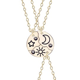 3pcs Friendship Moon Sun Star Puzzle Matching Necklace Set Gold Silver Plated Cute Crescent Round Circle Geometric Best Friend BFF Pendant Necklace for 3 Women Sisters Daughter Birthday Jewelry Gifts (Gold)