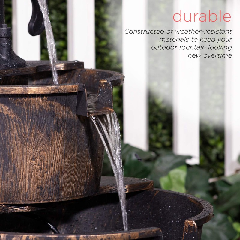 Alpine Corporation TIZ194BZ | Rustic Outdoor 2-Tier Barrel Pump Water