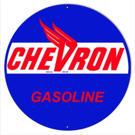 Handmade Chevron Gasoline Metal Sign In Blue & Red 14 & 18 Round
