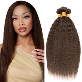 24 26 28 Inch Color 4 Chocolate Brown Kinky Straight Human Hair Bundles - Dark Brown Yaki Straight Hair Weave
