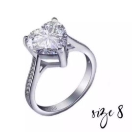 boutique 4 Carat Sterling Silver Heart Solitaire Ring Size 8