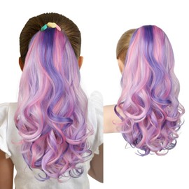 SEIKEA Ponytail Extension, 18" Lightweight Wavy Curly Clip in Hair Extensions Ponytail, Colored Hair Extensions for Kids, Crazy Hair Day Accessories for Girls Synthetic Hairpiece Pink Purple