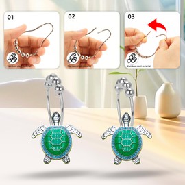 Elerslodia Green & Silver Sea Turtle Decorative Shower Curtain Hooks Set,12 Pieces,Roller Ball, Stainless Steel,Cute Ocean Animal Decor, Beach Shower Rings,Rustproof,for Home Living & Bathroom