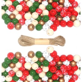 Christmas Wooden Beads Set 16mm – 120pcs Multi-Color Wood Beads with Snowflake Patterns and Jute String for Holiday Garland and Home Decoration