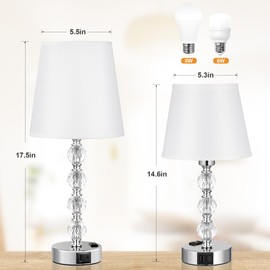 Bedside Lamps for bedrooms Set of 2 Nightstand - Large Crystal Table Lamps with USB C Charging Ports and AC Outlet, 3 Way Dimmable Touch Control Silver Bed Side Table Lamp for Living Room/Dining Room