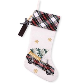 WeRejouir Festive Embroidered Linen Christmas Stocking 1 Pack with Red Green Checkered Truck, Christmas Tree, and Snowflake Design. Perfect for Kids, Family, and Xmas Fireplace Decorations.