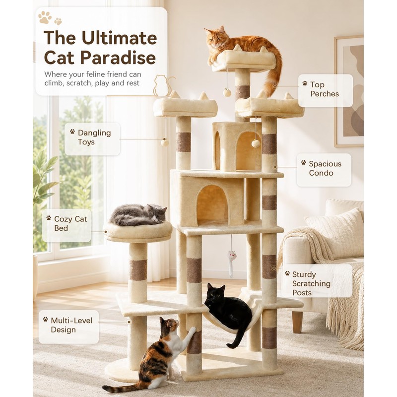 LIKISAK Cat Tower, 71 Inch Heavy Duty Cat Tree for