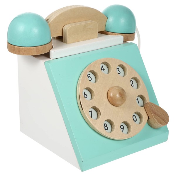 TOYANDONA Wooden Landline Telephone Toy Children Play House Antique Dial Telephone Toy for Toddlers Pretend Phones, Blue, Medium