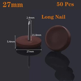 27mm Brown Nylon Furniture Sliders Nail On - Chair Leg Floor Protectors Nail - Nylon Chair Glides with Nail Brown Sliders Head, Chair, Table Leg Feet Protector Nail；Flat Bottom（Long Nail 50 Pcs）