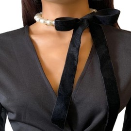 Wendalern Faux Pearl Choker Necklace Black Long Wide Ribbon Bowknot Necklace Baroque Pearl Beads Necklace Vintage Simulated Pearl Bow Tie Collar Necklace Jewellery for Women Girls