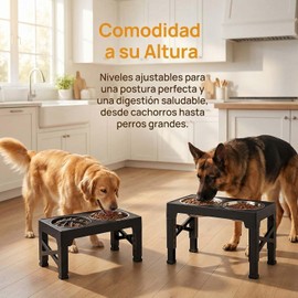 Comedero Elevado Ajustable para Perro, Soporte con 5 Niveles de Altura, Incluye Comedero Lento y 2 Cuencos de Acero Inoxidable, para Mascotas Pequeñas, Medianas y Grandes