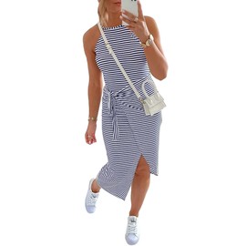 NOLLSOM Women Casual Sleeveless Striped Bodycon Tank Midi Dresses Crew Neck Ruched Tie Waist Elegant T Shirt Summer Dress (Large, Striped Navy)
