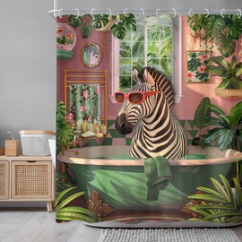 Newsely Funny Zebra Shower Curtain 60Wx72L Inch Fun Wild Animal in Bathtub Hilarious Cool Modern Tropical Green Leaves Plant Summer Bathroom Set Waterproof Bath Decoration Accessories Home Decor