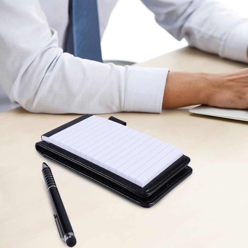 Mini Pocket Notebook, A7 Leather Notebook with Metal Pens, Holder