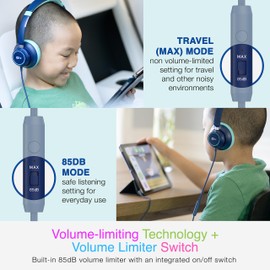 MEE audio KidJamz KJ45 Children’s Safe Listening Headphones with Volume Limiter & Microphone, Adjustable On-Ear Kids Headset Wired with 3.5mm Jack for Online Learning/School/Travel/Tablet (Blue/Teal)