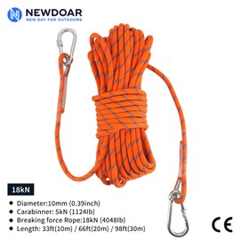 NewDoar Climbing Rope 8(5/16in),10mm (3/8in), High Strength Accessory Cord Rope with 2 Steel Hooks, for Outdoor Rescue Rappelling Rope Down Cliffs ledges Safety Escape Tow Strap Equipment(Orange)