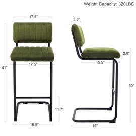 ONEVOG 30 Inch Seat Height Green Velvet Bar Stools with Back and Cantilever Metal Leg, Mid Century Modern Upholstered Fabric Barstools, Tufted Tall Chairs for Kitchen Island/Counters/Pub, Set of 2