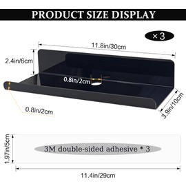 SHEPIN 3er Set Wandregal ohne Bohren Wand Schwarz Schweberegal, 30cm Regal Ohne Bohren aus Acryl Badezimmer Regal Zum Kleben, Wall Shelf Bilderleiste Bücherregal Kleberegal Bad Regal Selbstklebend
