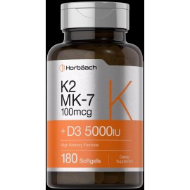 Horbäach Vitamin K2 MK7 with D3 Supplement | 180 Softgels | D3 5000 IU | by Horbaach