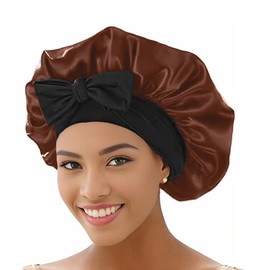 Mcoser Brown Silk Sleep Bonnets for Women,Adjustable Hair Cap for Sleeping,Elastic Band Silk Bonnet with Bow for Confinement Beauty&Hair Care