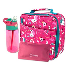 kinsho Lunch Bag Water Bottle and Ice Pack Set, Girls Lunch-Box for School or Toddler Daycare, Kids Container for Lunches Snacks, Pink Unicorn