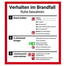 Sign Notice Behavior in the event of a fire, 18 x 20 cm, ISO 7010, operating exit emergency plan