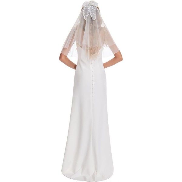 Veil Lace Bow Short Bridal Veil With Hair Clips Ribbon