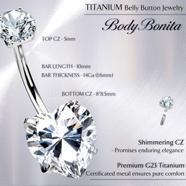 BodyBonita G23 Titanium Belly Button Rings - 14G Internally Threaded 14mm Belly Ring, Heart CZ Navel Rings for Women