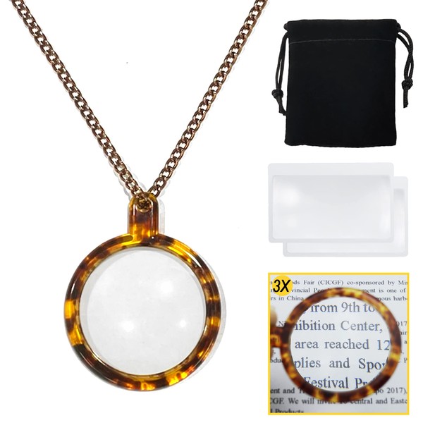 MAGDEPO 3X Pendant Magnifying Glass Necklace Magnifier Transparent Tortoiseshell Pattern Rim 1.5" Lens with Card Magnifiers for Reading Small Texts, Label, Stamp, Newspaper, Book, Map, Hobby, etc.
