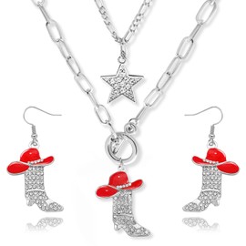 Aswitnove 2 Pcs Cowgirl Necklace Earrings Western Jewelry Set for Women, Sparkly Rhinestone Stacked Cowboy Enamel Hat Boot Star Choker Western Earrings Necklace Country Jewelry for Women Red