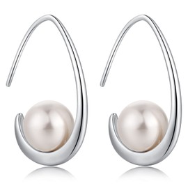 jiamiaoi Pearl Earrings Silver 925 Hanging Pearl Earrings Silver Pearl Earrings Silver/Pink/Gold, Hook Earrings with Pearl Hanging Drop Pearl Earrings Dangle, Sterling Silver, Pearl