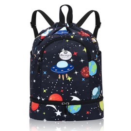 HUA ANGEL Lightweight Drawstring Backpack with Shoe Compartment, Waterproof for Sports Gym Travel Swimming Basketball Soccer, Planet, Sporty