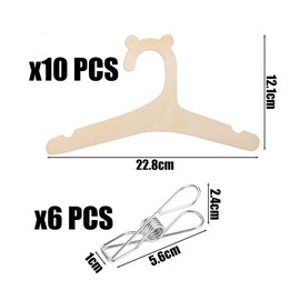 Pack of 10 Baby Hangers, 6 Pieces Dry Clips, Wooden Baby Hangers, Wooden Kids Hangers, Doll Hangers, Creative Home Accessories
