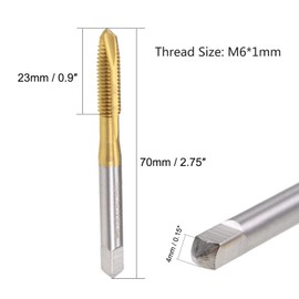 TOP-VIGOR 2Pcs M6 x 1mm Spiral Point Plug Thread Tap, HSS Titanium Coated Thread Milling Tap with H2 Tolerance, 3 Flutes Ground Threads(Round Shank with Square End)