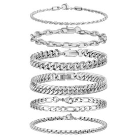 XIANNVXI Silver Bracelet for Men 6 Pcs Stainless Steel Bracelets for Men WomenRope Paperclip Chain Bracelets Set 8.3 Inches Cuban Chain Link Bracelet