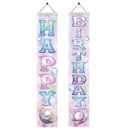 Starlit Patio 2PCS Happy Birthday Hanging Banner Porch Sign Mermaid Seashell Decorations Birthday Front Door Wall for Girls Kids Welcome Holiday Party Supplies Children Classroom 71 x 12 Inch