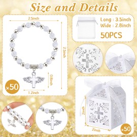 Henoyso 200 Pcs Baptism Favors Set Include 50 Pieces Angel Cross Rosary Bracelet 50 Baptism Favor Boxes with Ribbon 50 Thank You Tags 50 Organza Bags for Baby Shower Baptism Supplies(White, Silver)