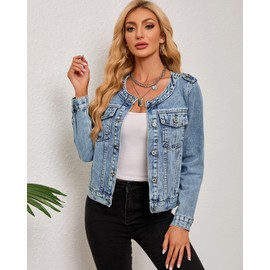 Kedera Women's Denim Jacket Button Down Round Neck Long Sleeve Washed Cute Jean Jackets