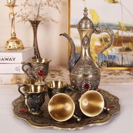 Vintage Turkish Coffee Pot Cups Set with Tray and 6 Cups Retro Coffee Pot Cups Set Exquisite Wine Pot Set Decorative Vintage Tea Service Set for Home Party Decor (Retro Color)