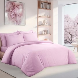LYMA Bedding Duvet Cover Set Double Plain, OEKO-TEX Certified, Ultra Soft NanoPlush Double Brushed Quick Dry Fabric Button Closure, Wrinkle Fade Resistant Quilt Cover with Pillowcases (Light Pink)