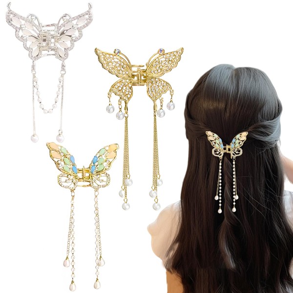 3 PCS Butterfly Hair Claw Clips Metal with Fringe Clawclips