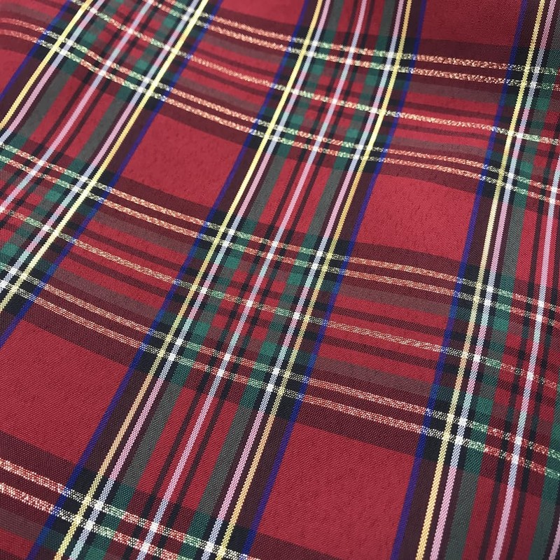 Red Lurex Tartan Plaid Taffeta Fabric with Metallic Gold, 57"
